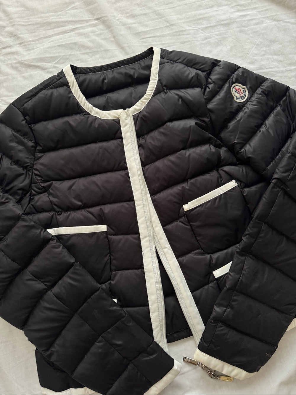 Vintage Moncler Women’s Black Down Puffer Jacket Ivory Trim Size 1 XS-S